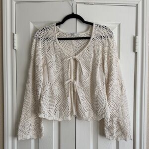 Celebrity Pink Cream Crochet Tie-Front Cardigan
